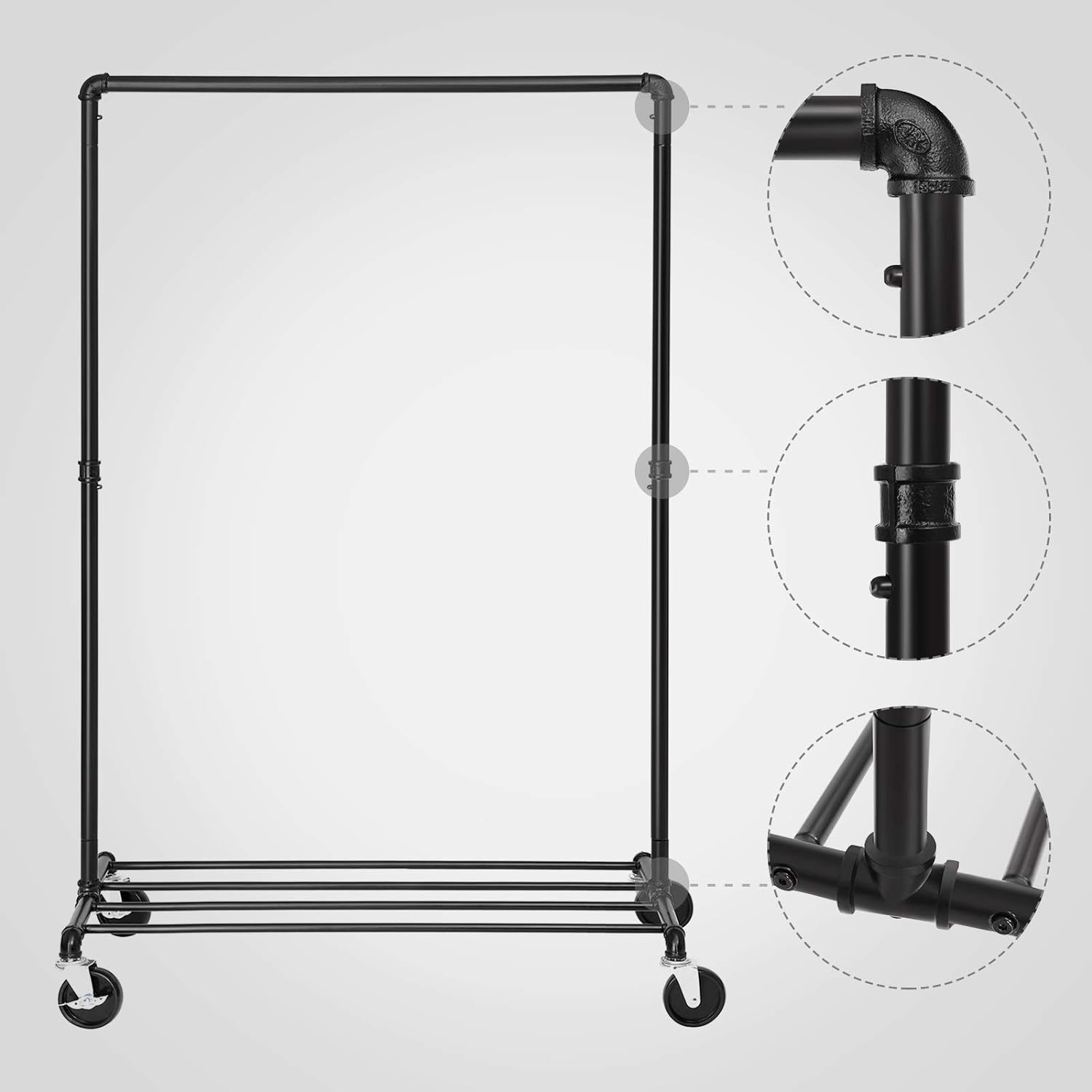 Suport pentru haine, cu raft si sina de agatat, cadru metalic, cu roti, 100x49x163cm, industrial, negru