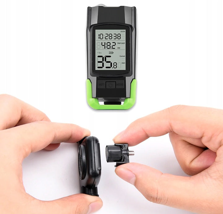 Far bicicleta 3 in 1, 2x LED 5 Wati, claxon, vitezometru, distanta, acumulator 4000mAh, USB, rezistent la apa
