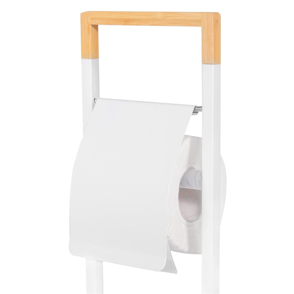 Stand cu perie WC si suport hartie igienica, metal si bambus, 74cm, alb