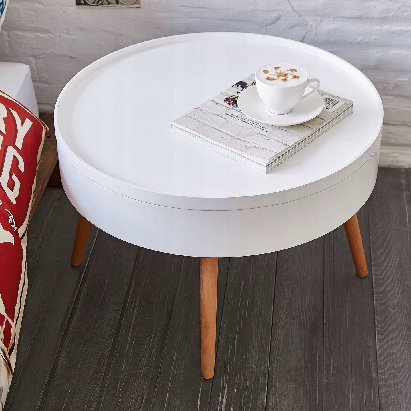 Masuta de cafea rotunda 60x40 cm, cu blat detasabil si spatiu depozitare, picioare din lemn de pin, alba