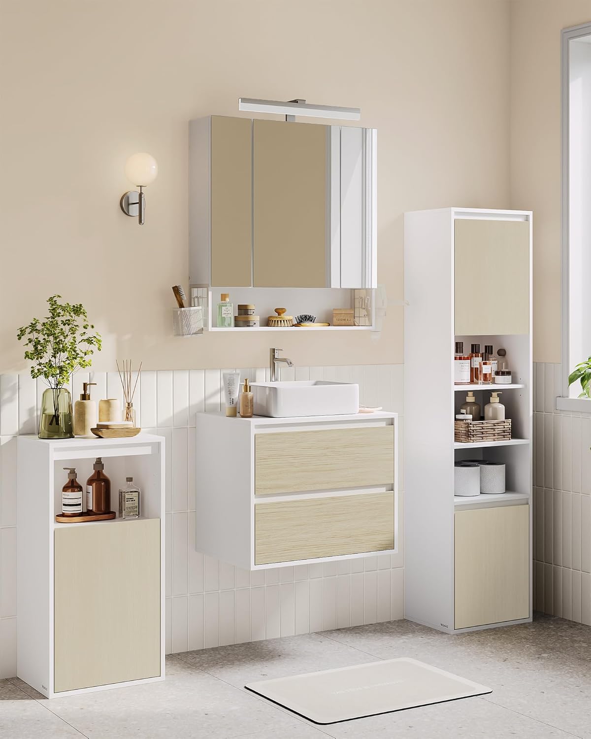 VASAGLE Dulap baie cu montare pe podea sau perete, 7 compartimente, 30x40x160 cm, alb bej