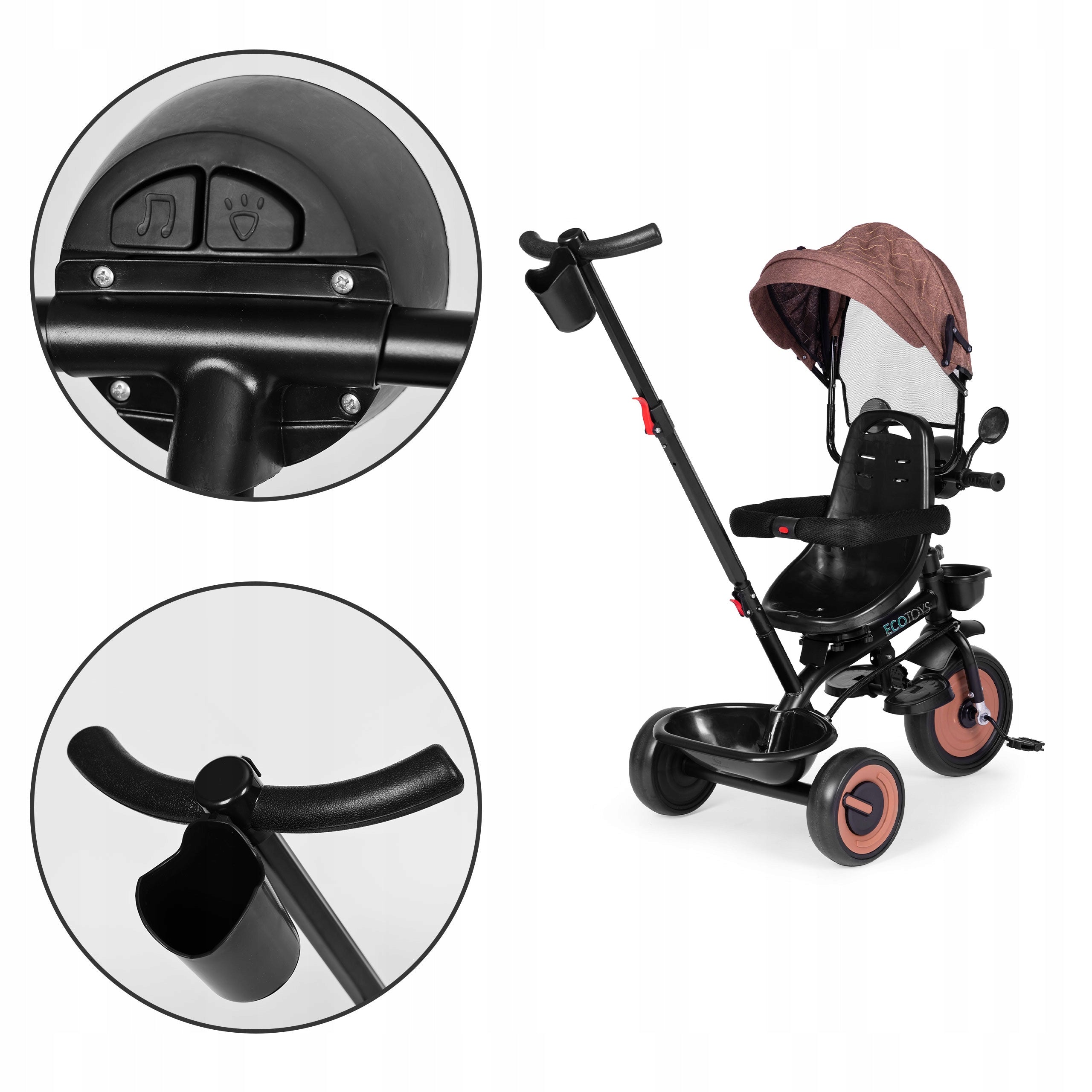 Tricicleta 3 in 1 pentru copii 61x41x25 cm, sezut rotativ, lumina si sunete, cadru otel si roti EVA, negru