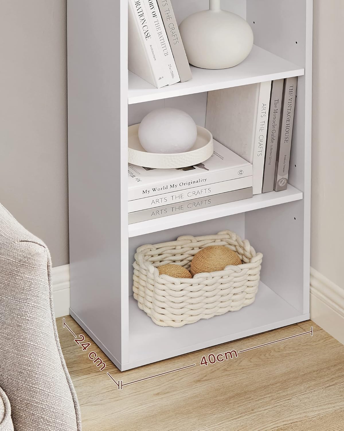 VASAGLE Biblioteca verticala 40x24x179 cm, 6 rafturi din care 4 reglabile, PAL alb mat