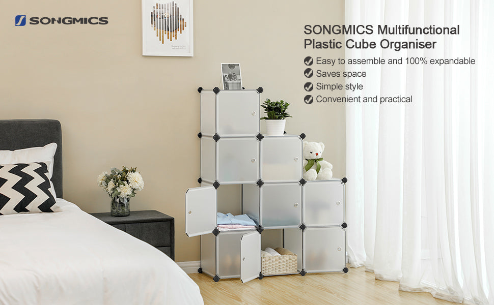 SONGMICS Organizator modular 93x31x93 cm, 9 cuburi cu usi, plastic si cadru metalic, alb