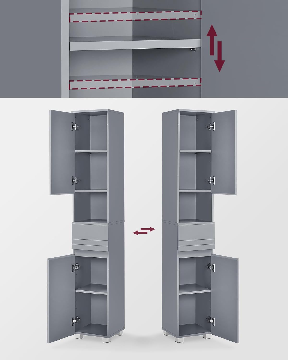 VASAGLE Dulap inalt 30x30x170 cm, cu sertar, rafturi reglabile si usi reversibile, MDF, gri