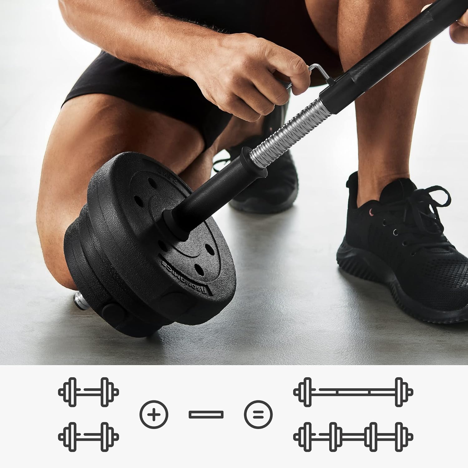 SONGMICS set gantere reglabile 2 in 1, 20 kg, cu bara extensie pentru haltera, discuri cu umplutura beton, negru