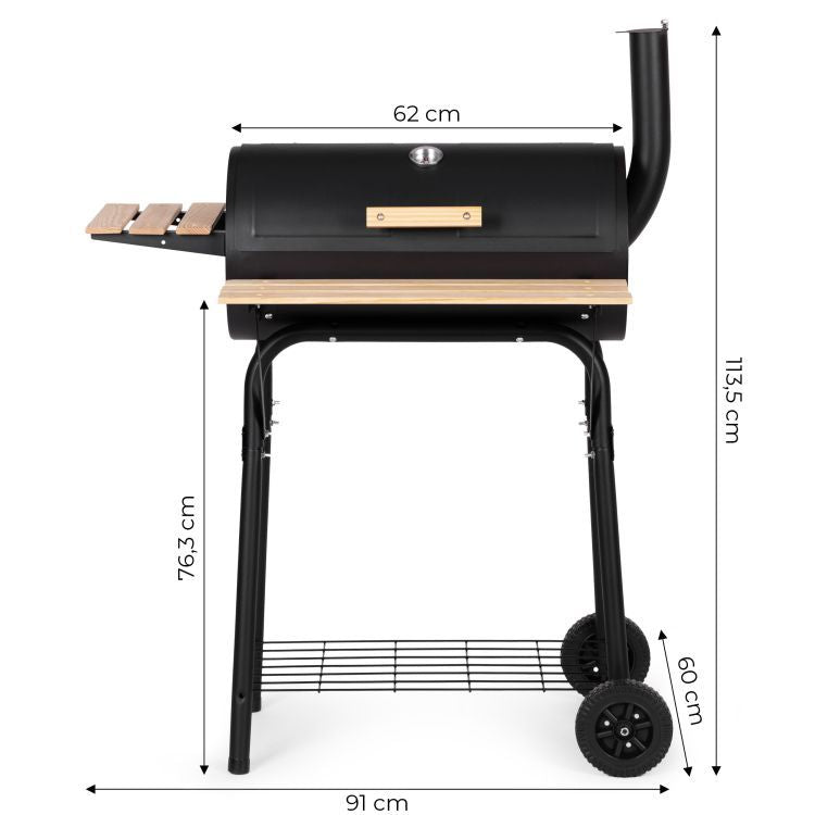 Gratar de gradina 91x60x114 cm, cu cos de fum, termometru si 3 rafturi, metal cromat, negru
