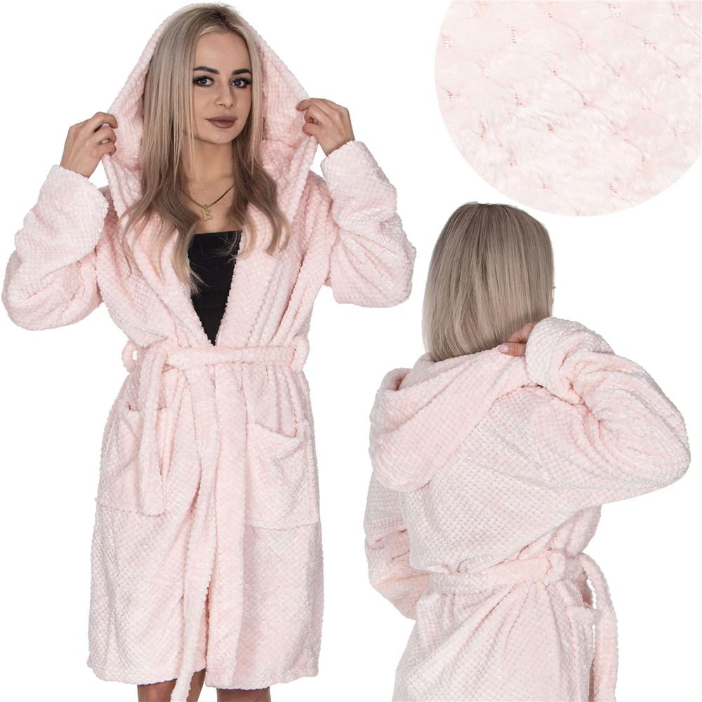 Halat de baie pentru femei pana la genunchi, cu gluga, marimea L/XL, roz