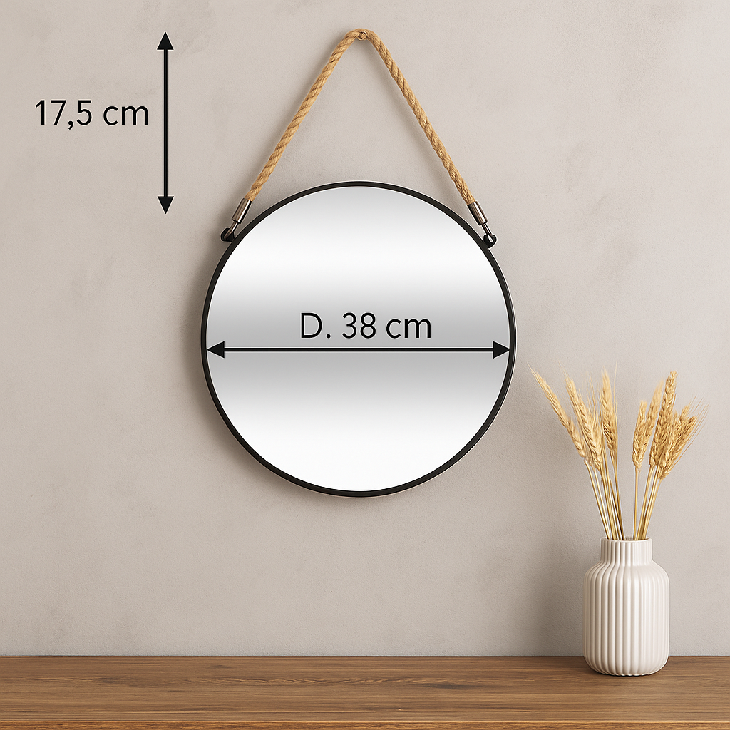 Oglinda rotunda suspendata Atmosphera Eden cu rama metalica si sfoara de agatare, diametru 38 cm