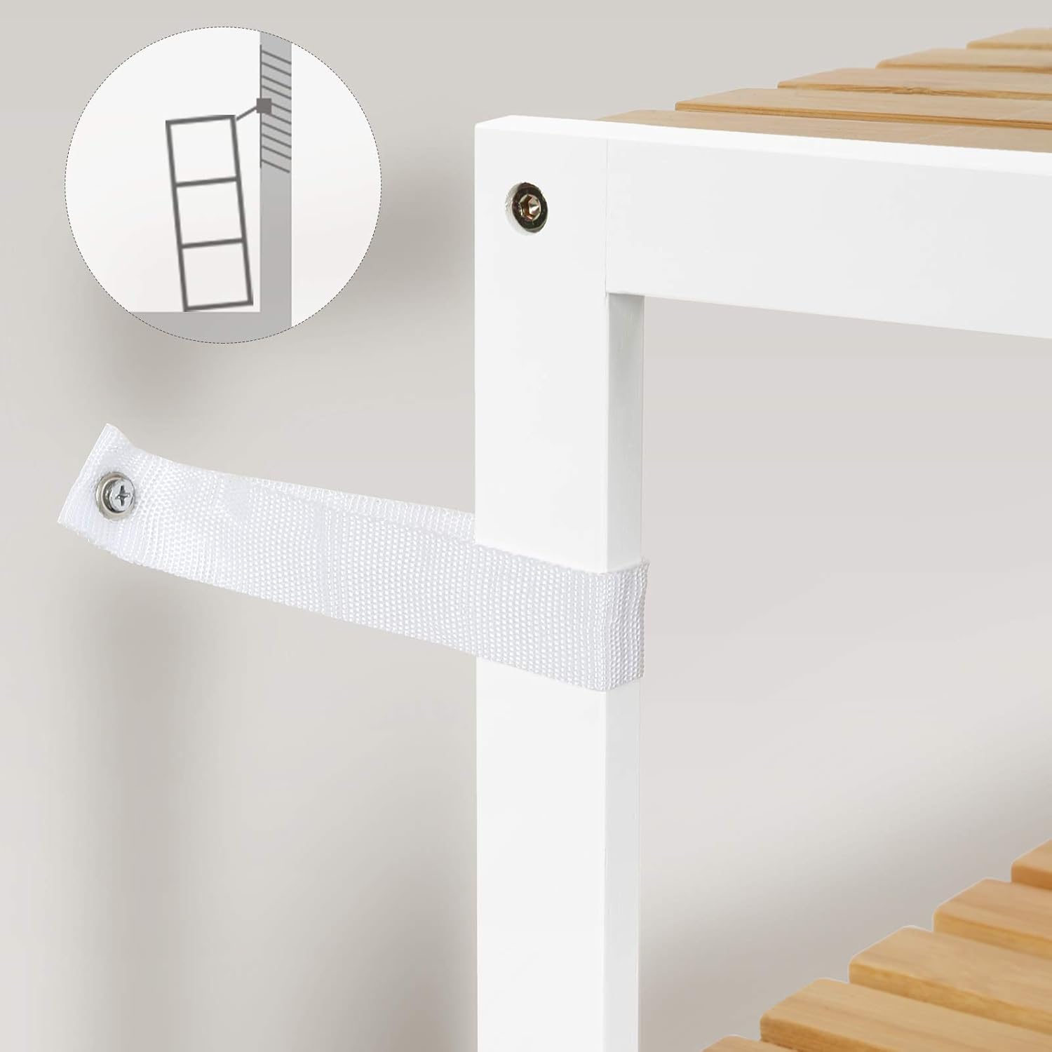 SONGMICS Etajera bambus 60x26x66 cm, cu 3 rafturi, kit anti-rasturnare, alb si natur