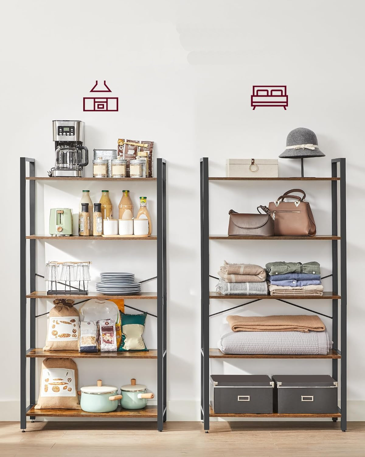 VASAGLE Biblioteca tip scara 80x30x153 cm, 5 rafturi deschise, stil industrial, maro rustic