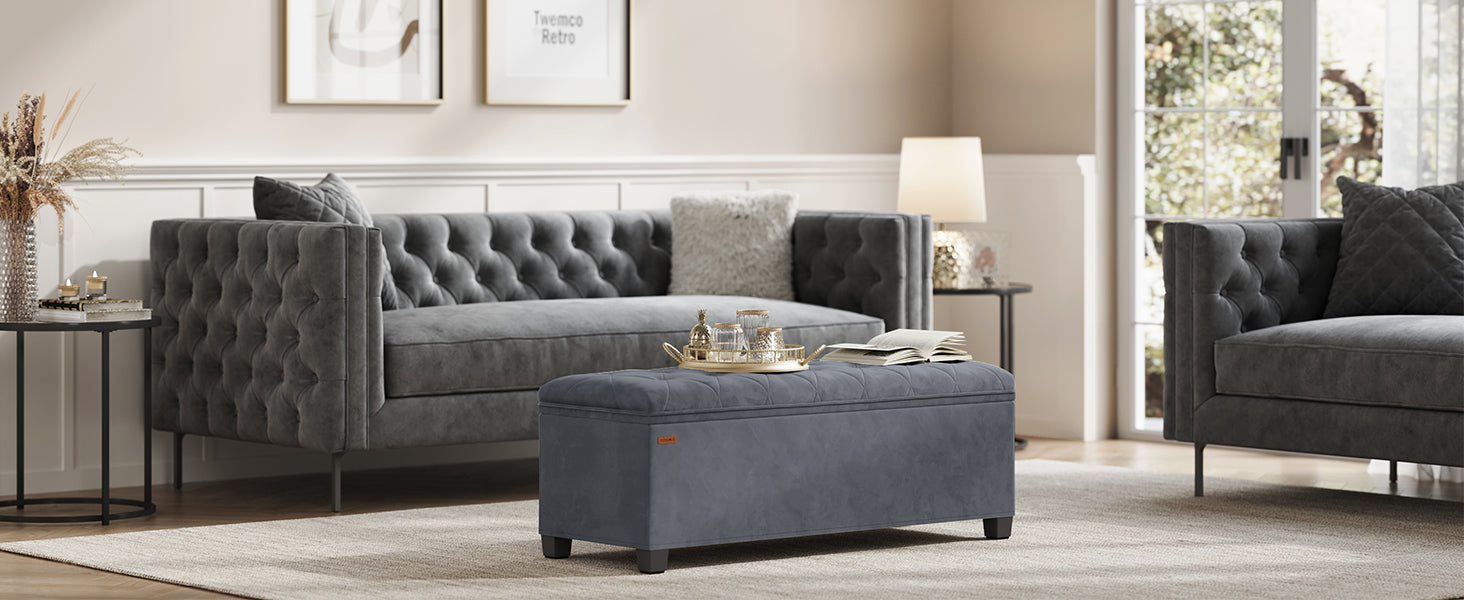 SONGMICS Banca cu spatiu de depozitare 110x40x40 cm, 103 litri, tapitata cu catifea, MDF si spuma, gri