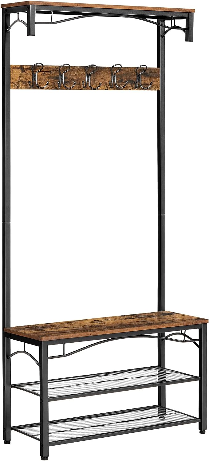 VASAGLE Cuier pentru haine, suport pentru pantofi si banca cu rafturi, cu carlige, cadru metalic mat, 80x32x178cm