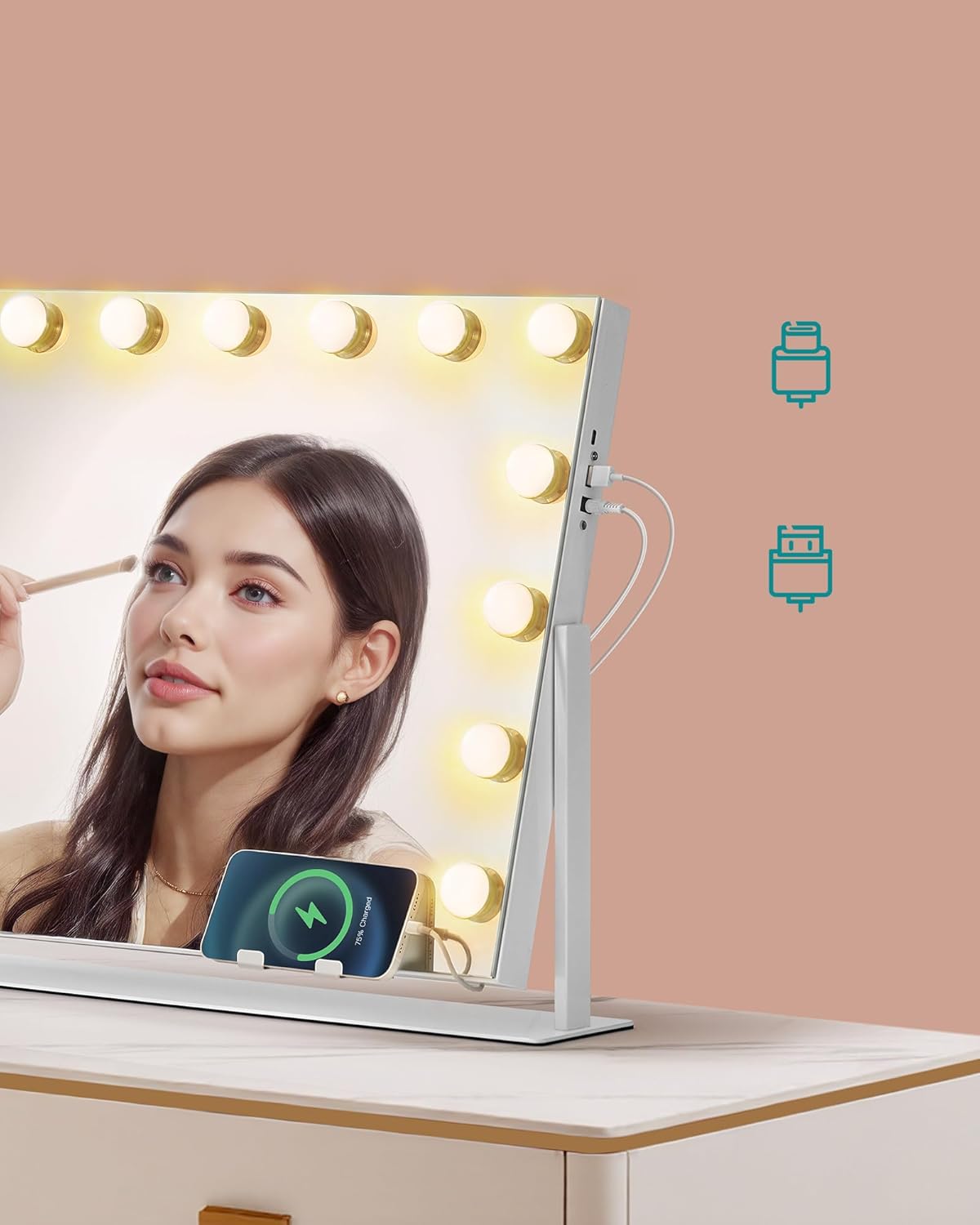 SONGMICS Oglinda machiaj cu iluminare LED, 3 culori lumina, suport telefon, porturi USB, zoom 10x, 58x43 cm, alb