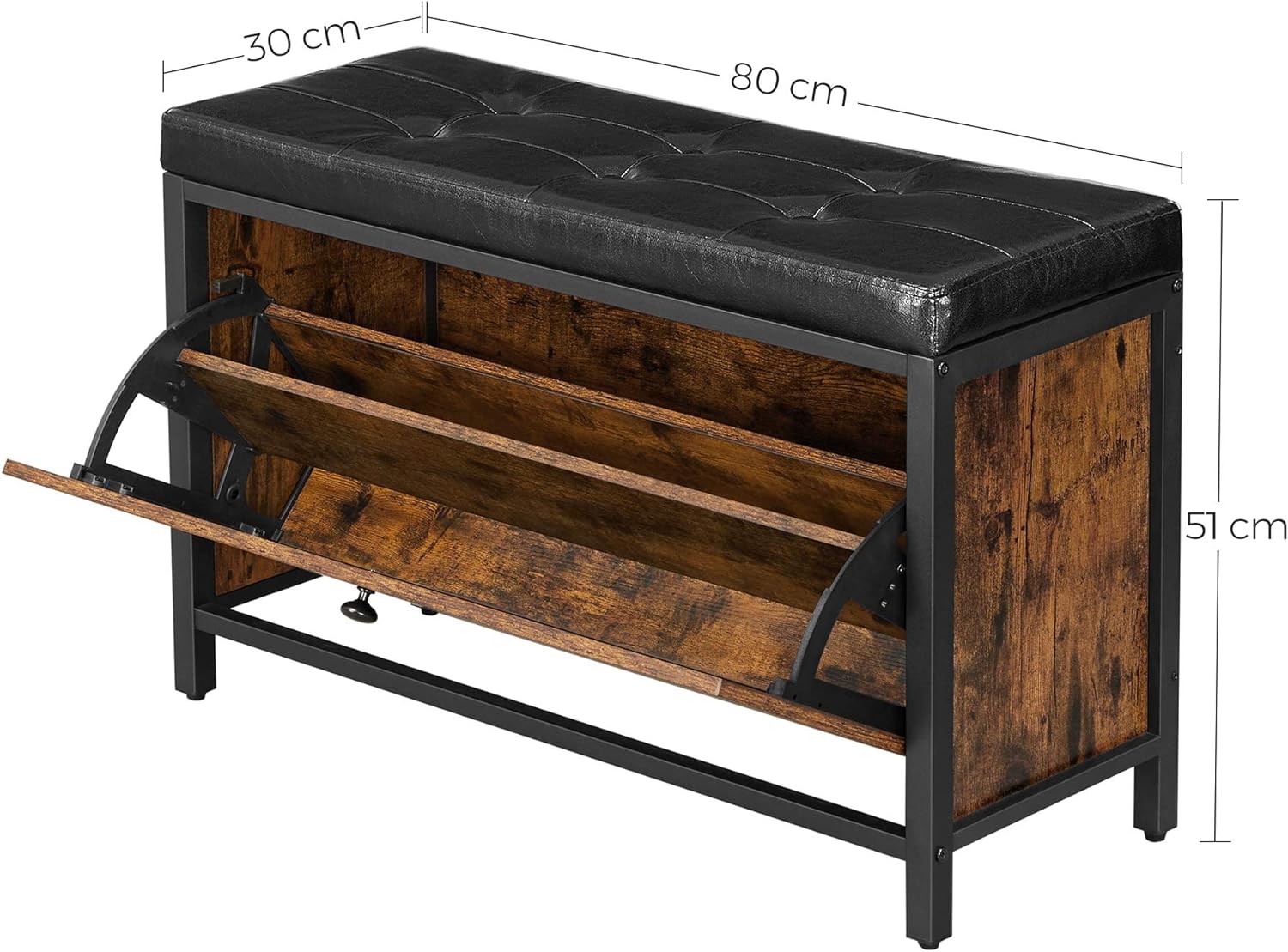 VASAGLE Banca cu organizator pantofi, cu clapeta, 30x80x51cm, industrial vintage, maro cu negru