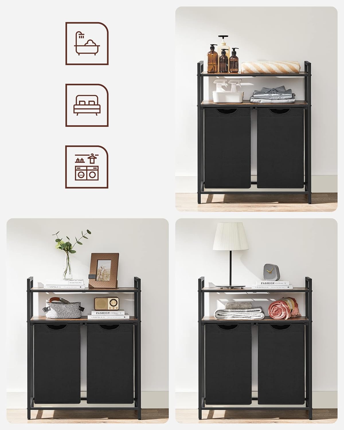 VASAGLE Cos de rufe, cu 2 saci detasabili, 2 rafturi, capacitate de 46L per sac, 73x33x72cm , maro rustic si negru