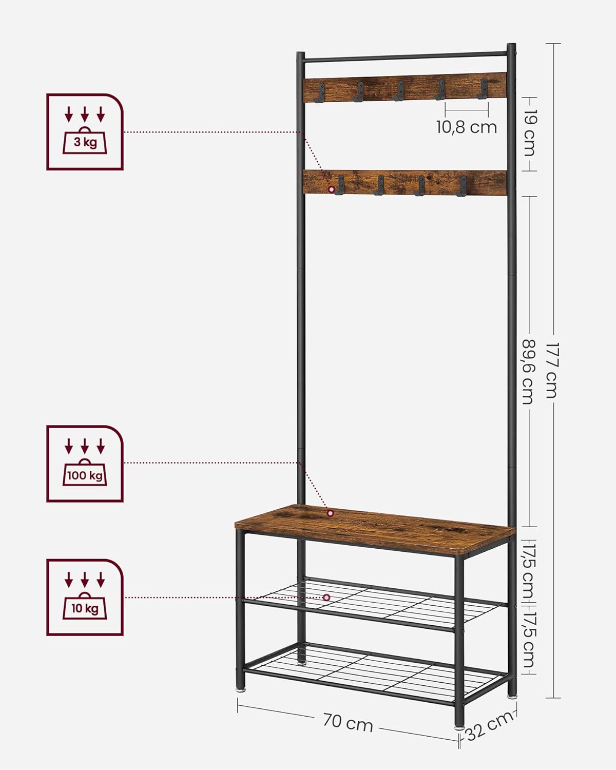 VASAGLE Cuier pentru haine cu banc de depozitare a pantofilor, cadru din otel, 32x70x177cm, industrial, maro rustic si negru