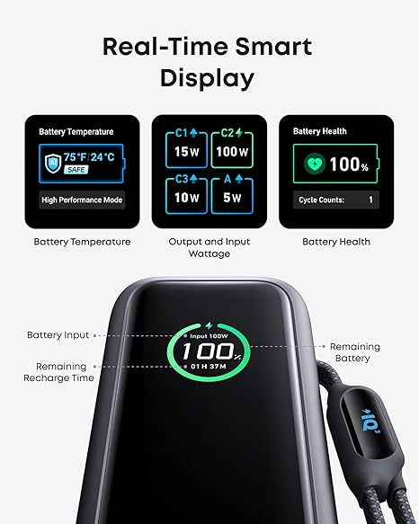 POWER BANK Anker 25.000 mAh, 165W 2 x cablu USB-C incorporat, 3 x USB-C (max 100W per port), 1 x USB-A (max 30W), afisaj LED, 595g, gri, "A1695H11" - 0194644288679