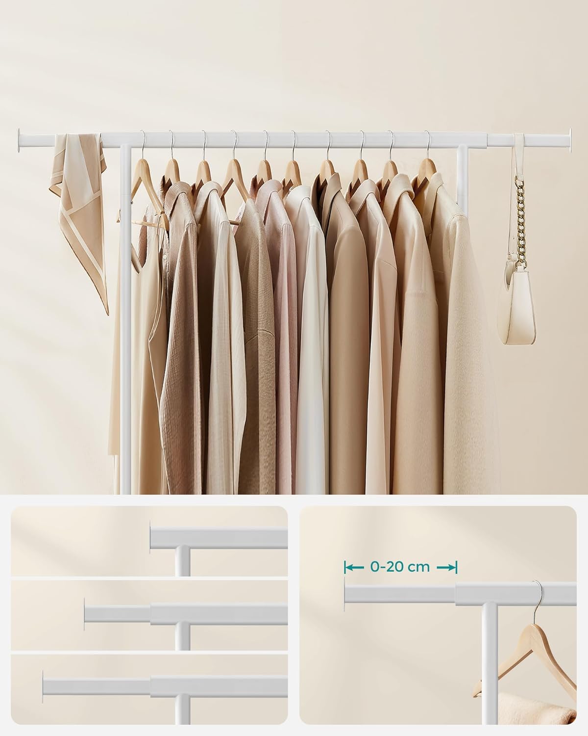 SONGMICS Suport pentru haine cu sina superioara extensibila, pe roti, reglabil pe latime, 45x(92-132)x160cm, alb