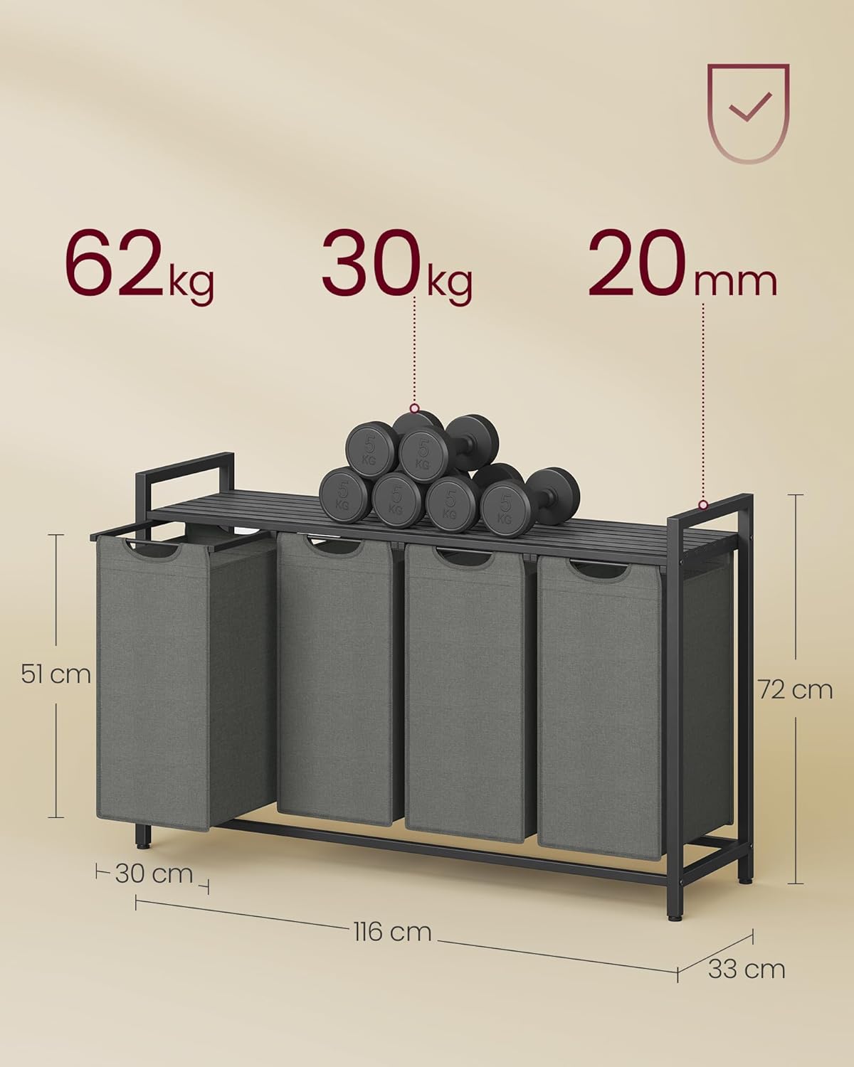 VASAGLE Cos rufe 4x40L, saci detasabili, raft superior si cadru metalic, 116x33x72 cm, negru si gri