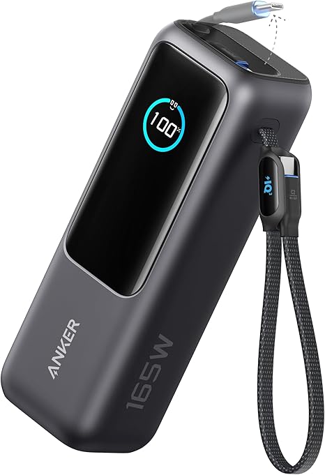 POWER BANK Anker 25.000 mAh, 165W 2 x cablu USB-C incorporat, 3 x USB-C (max 100W per port), 1 x USB-A (max 30W), afisaj LED, 595g, gri, "A1695H11" - 0194644288679