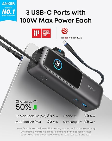 POWER BANK Anker 25.000 mAh, 165W 2 x cablu USB-C incorporat, 3 x USB-C (max 100W per port), 1 x USB-A (max 30W), afisaj LED, 595g, gri, "A1695H11" - 0194644288679