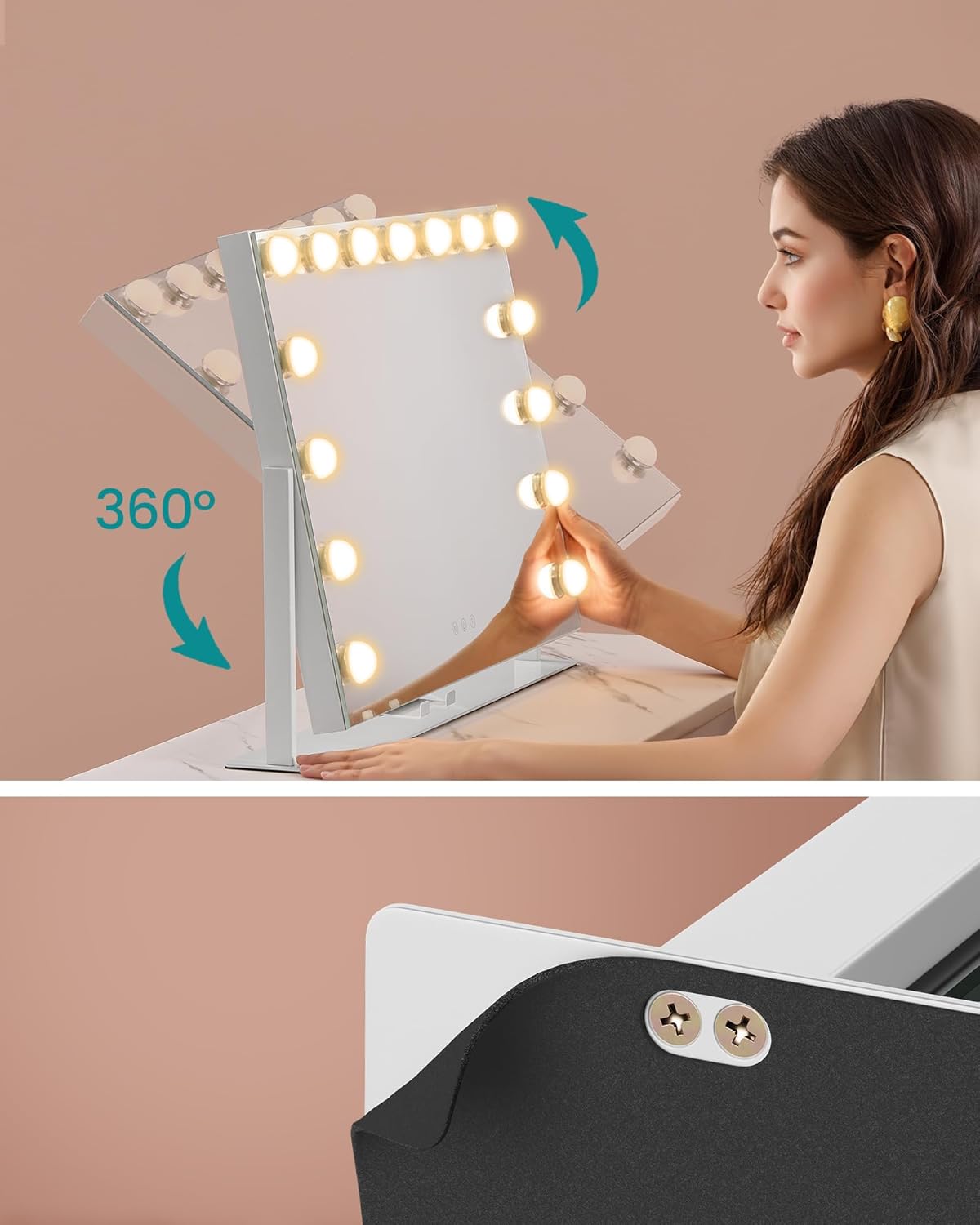 SONGMICS Oglinda machiaj cu iluminare LED, 3 culori lumina, suport telefon, porturi USB, zoom 10x, 58x43 cm, alb