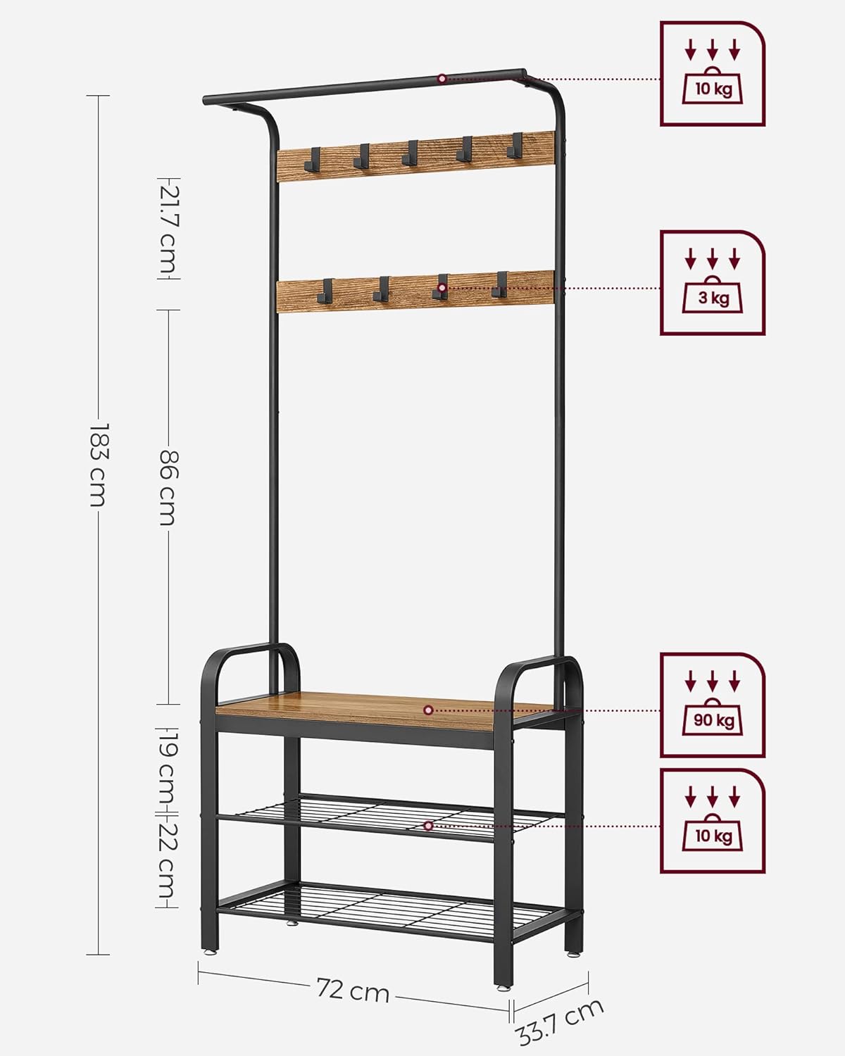 VASAGLE Cuier pentru haine, cu banc de depozitare a pantofilor, cu 9 carlige detasabile, o sina pentru haine, 34x72x183cm, industrial, nuc rustic si n