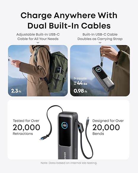POWER BANK Anker 25.000 mAh, 165W 2 x cablu USB-C incorporat, 3 x USB-C (max 100W per port), 1 x USB-A (max 30W), afisaj LED, 595g, gri, "A1695H11" - 0194644288679