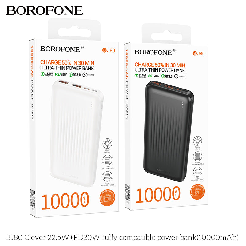 POWER BANK Borofone "BJ80A", 20000mAh, 22.5W, 2 x USB; 1 x USB Type-C, 1x microUSB total 5V/2A, alb "6941991121623"