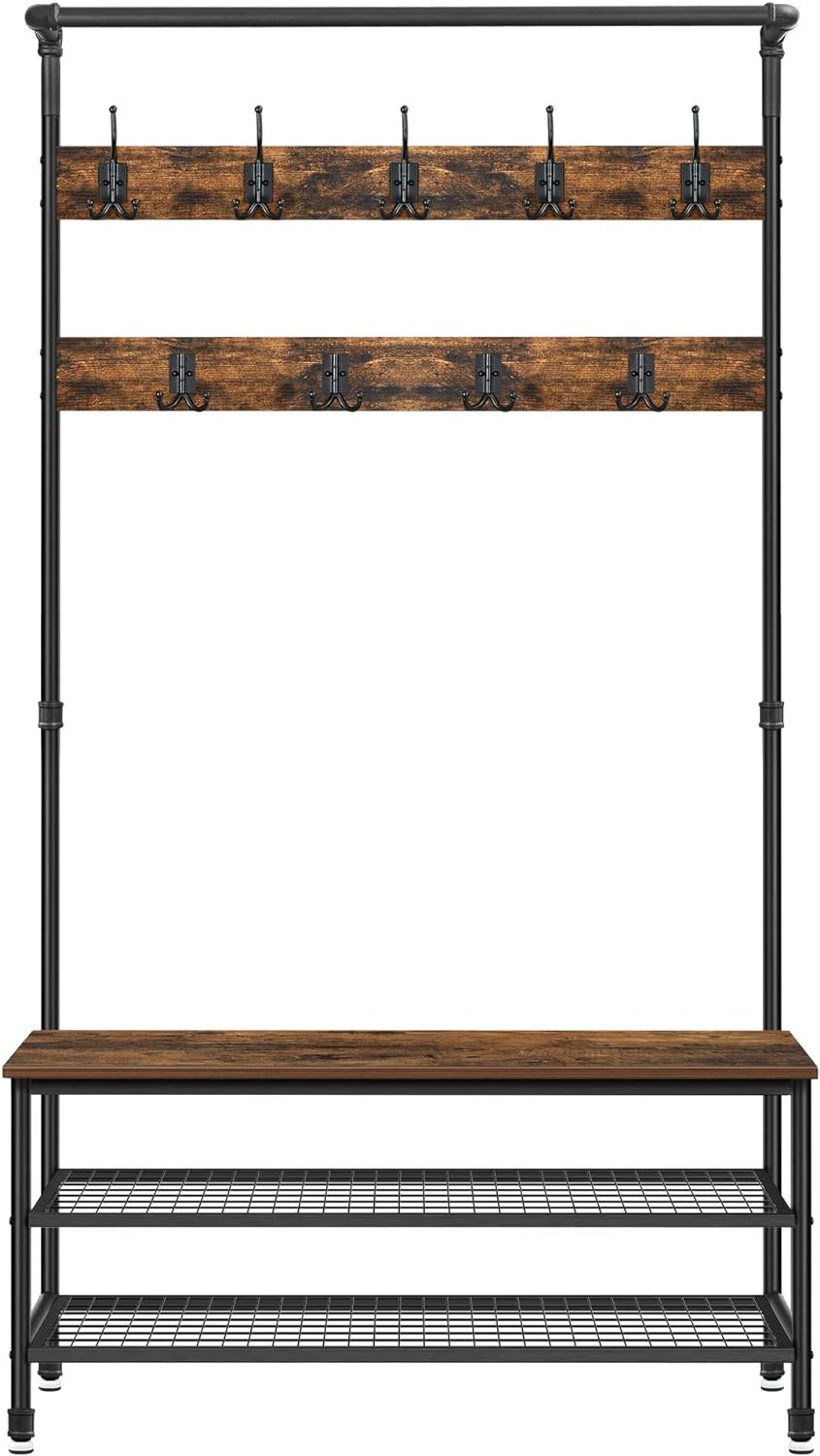 VASAGLE Cuier pentru haine cu 9 carlige si suport pentru pantofi, stil industrial, cadru din otel, 100x42x182 cm