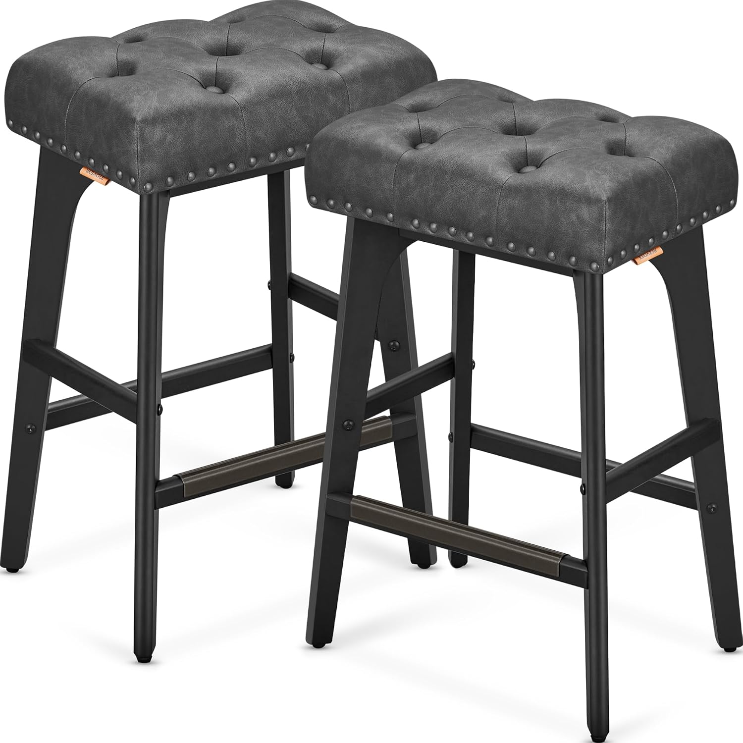VASAGLE Set 2 scaune bar cu tapiterie piele ecologica, picioare din lemn, 44x32x66 cm, negru