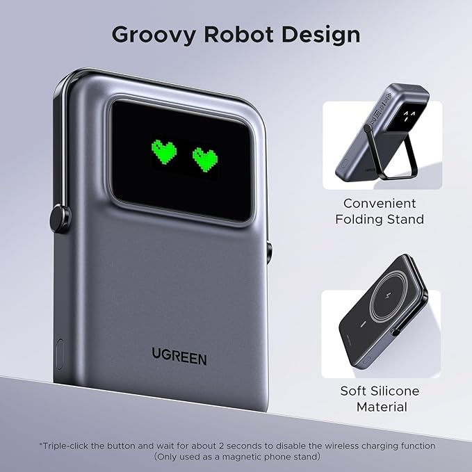 POWER BANK Ugreen "PB764", 10000mAh, 20W, prindere magnetica, wireless charging: Qi 2 15W max, 1 x USB Type-C input/output, gri "45329"
