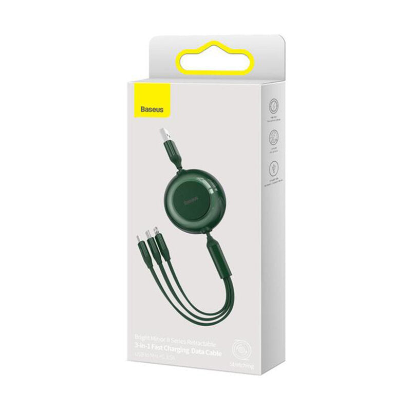 CABLU alimentare si date Baseus Bright Mirror 2 One-for-three Retractable, pt. smartphone,USB la Micro-USB+Lightning+USB Type-C 3.5A, 1.1m,verde "CAMJ010006" - 6932172609085
