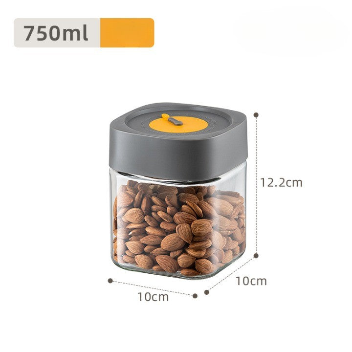Borcan Alimentar din sticla cu Capac Vid, 750 ml, Inchidere Ermetica pentru Orice Tip de Produse, Design Patrat, 10 x 10 x 12.5 cm, Transparenta cu Capac Gri