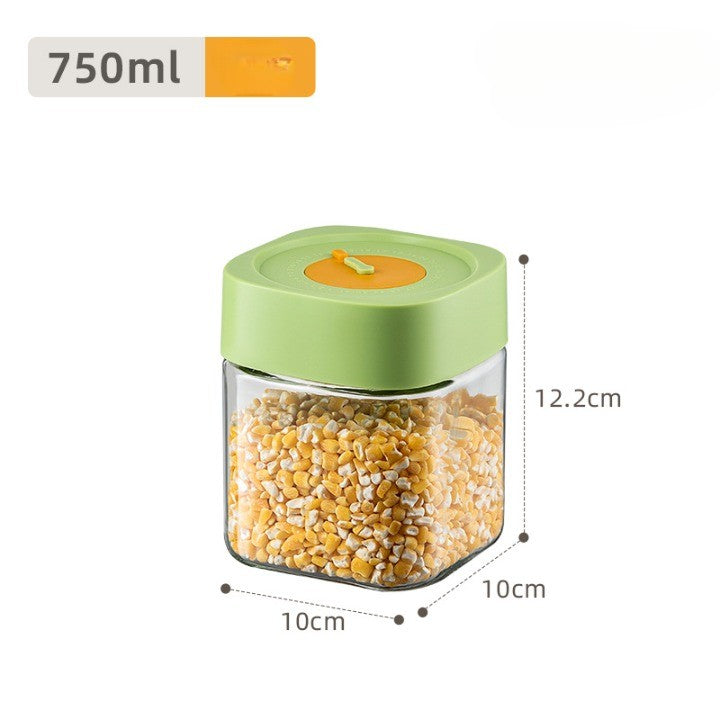 Borcan Alimentar din sticla cu Capac Vid, 750 ml, Inchidere Ermetica pentru Orice Tip de Produse, Design Patrat, 10 x 10 x 12.5 cm, Transparenta cu Capac Verde