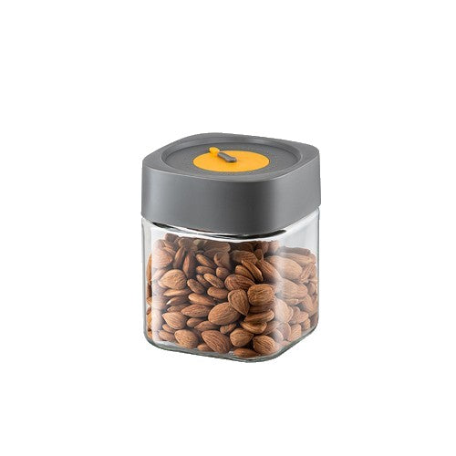 Borcan Alimentar din sticla cu Capac Vid, 750 ml, Inchidere Ermetica pentru Orice Tip de Produse, Design Patrat, 10 x 10 x 12.5 cm, Transparenta cu Capac Gri