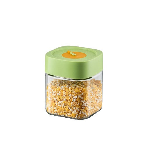 Borcan Alimentar din sticla cu Capac Vid, 750 ml, Inchidere Ermetica pentru Orice Tip de Produse, Design Patrat, 10 x 10 x 12.5 cm, Transparenta cu Capac Verde