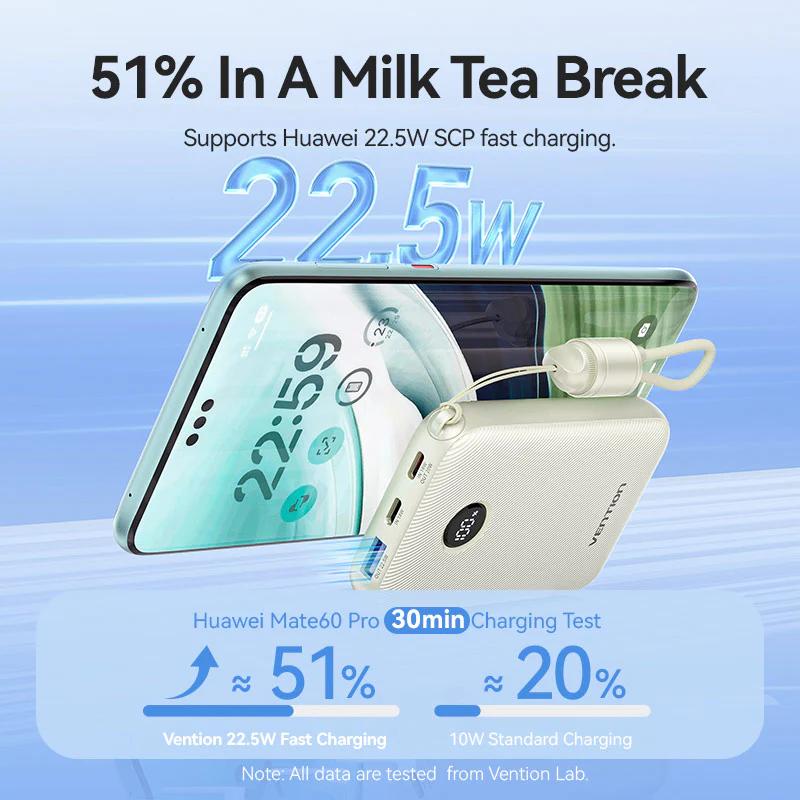 Power Bank Vention 10000mAh Power Bank (USB-C + USB-C/USB-C/USB-A) with Built-in USB-C to USB-C Cable 22.5W Beige LED Display Type , "FKAN0-C" - 6922794791275