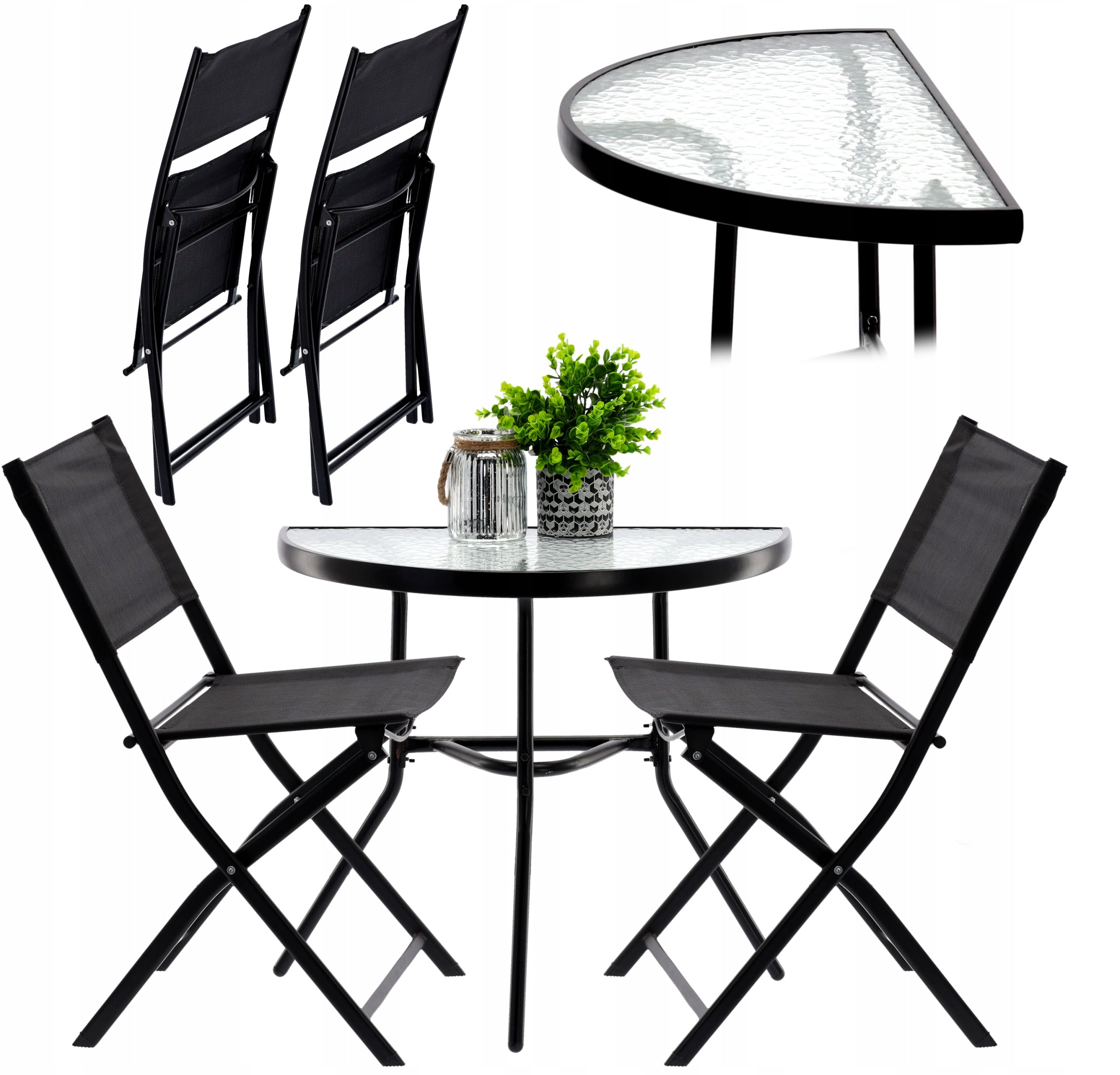 Set mobilier gradina sau balcon, masa semirotund sticla cu 2 scaune pliabile, negru