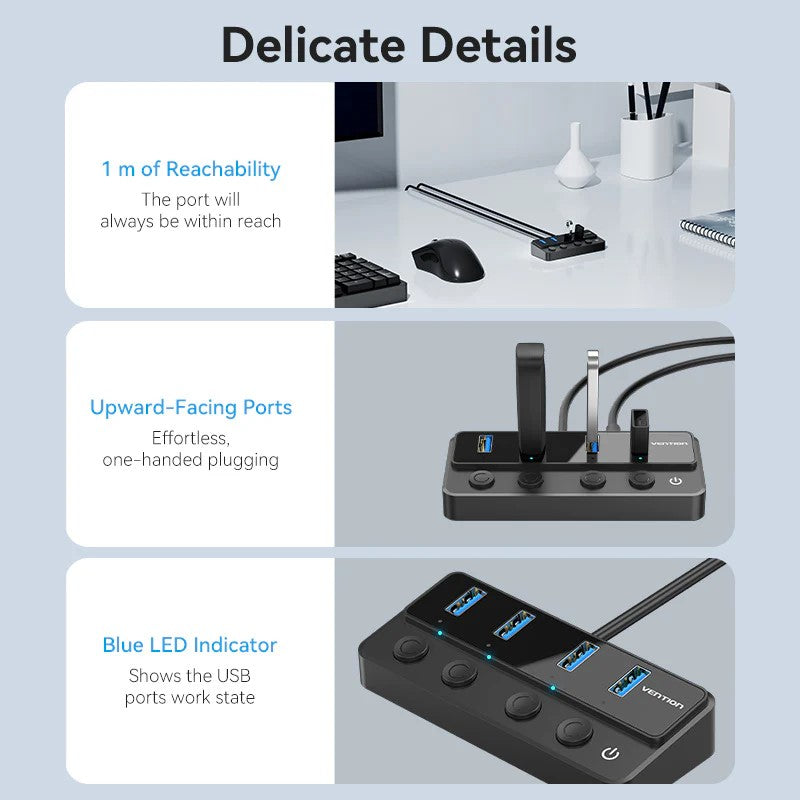 HUB USB Vention, 5-in-1, USB 3.0 x 4 porturi, incarcare prin USB Type-C, viteza 5 Gbps, Cablu 1m, conectare prin USB 3.0, intrerupatoare individuale, negru, 