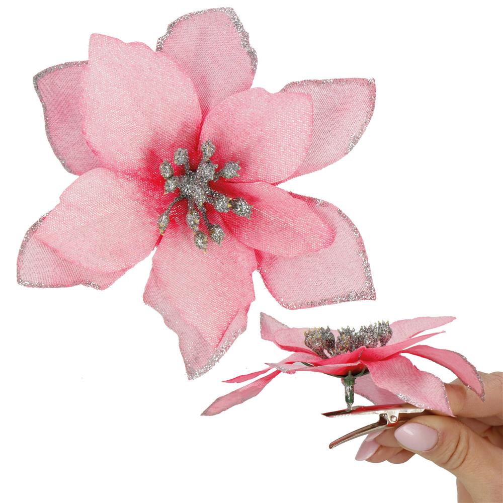 Set 10 ornamente pentru bradul de Craciun, stea Poinsettia, 13cm, roz
