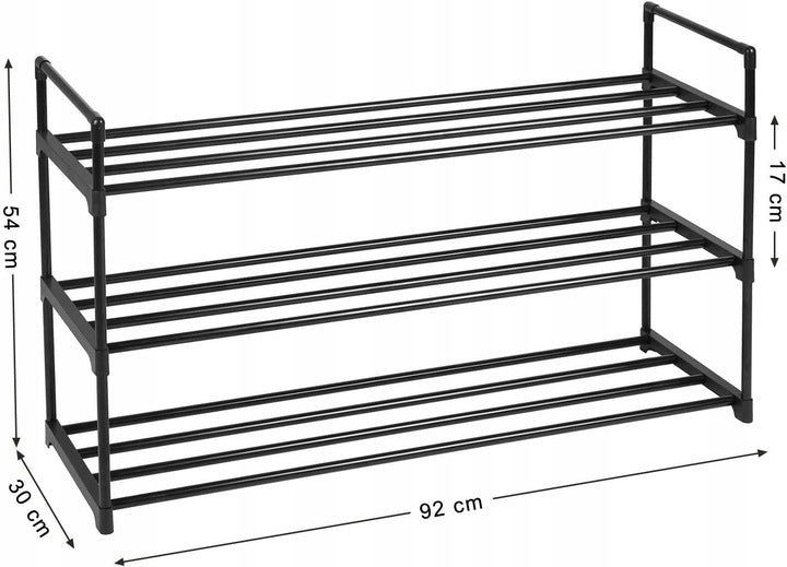 Suport pentru pantofi, cadru metalic cu 3 nivele, 12-15 perechi, stivuibil, 54x92x30cm, negru