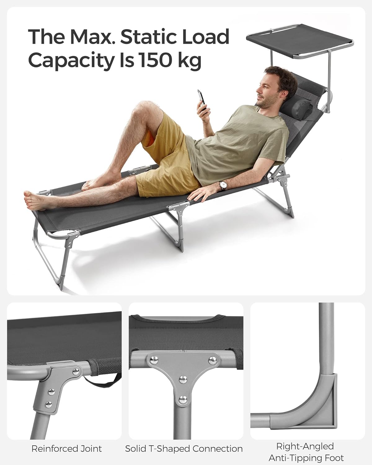 SONGMICS Sezlong pliabil, cu parasolar si tetiera, spatar reglabil in 4 pozitii, maxim 150kg, 193x53x29cm, gri