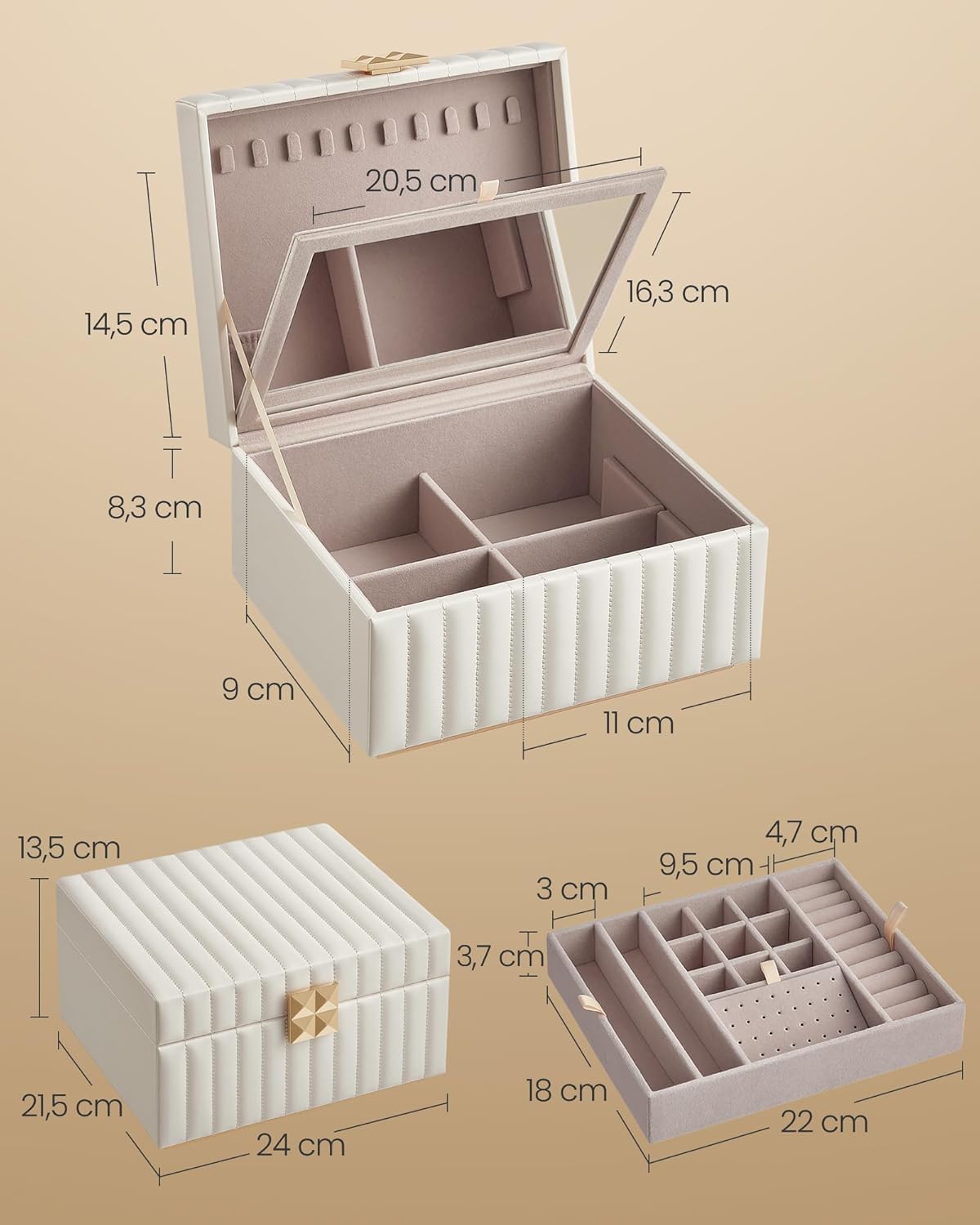 SONGMICS Cutie de bijuterii pe 2 nivele, cu oglinda si tava detasabila, 22x24x14 cm, alb crem