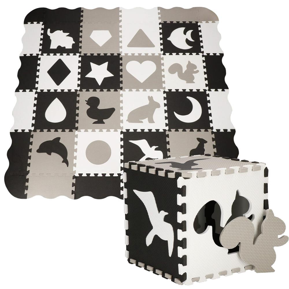 Covor din spuma pentru copii, tip puzzle animale, 52 piese, termoizolant, 150x150 cm, gri negru
