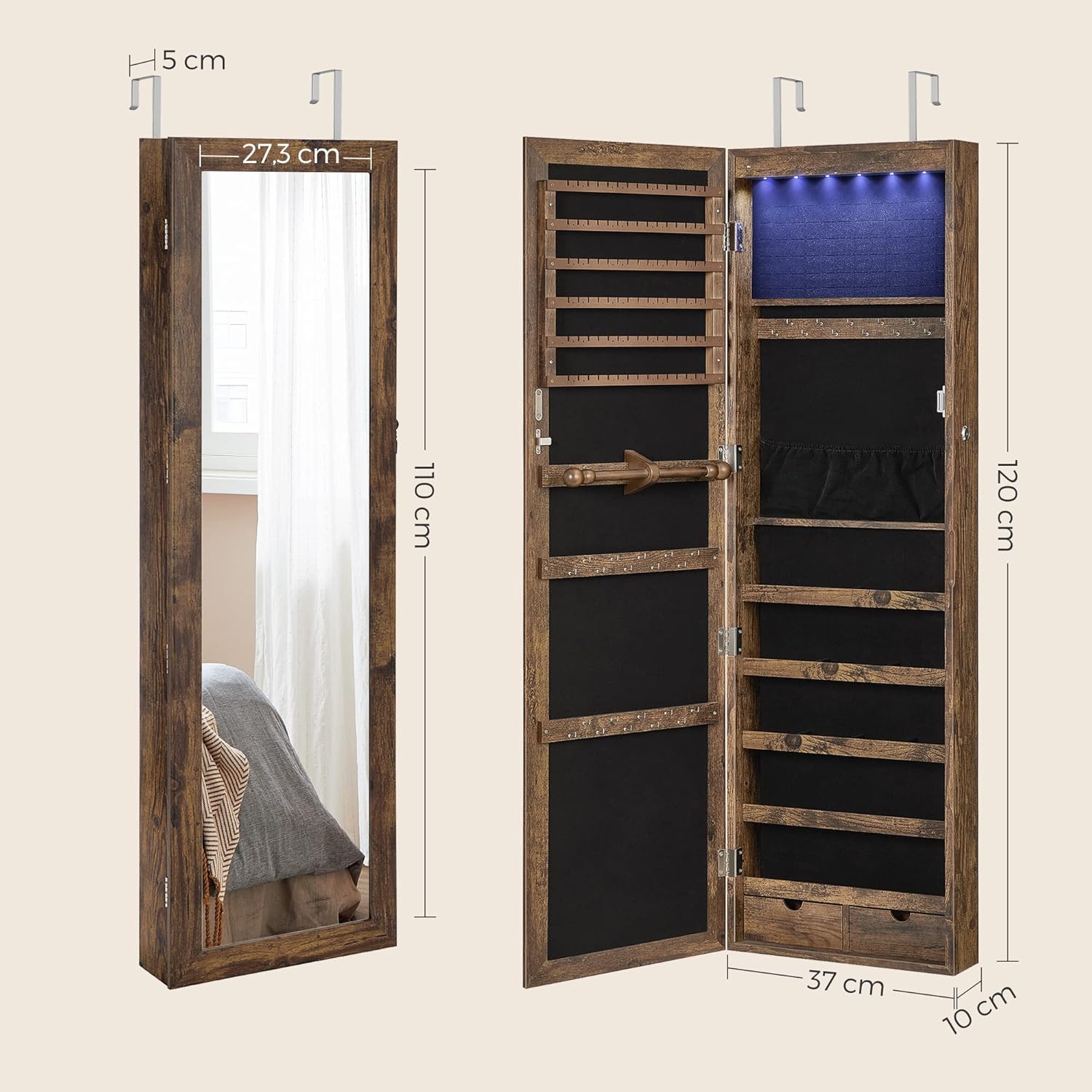 SONGMICS Dulap de bijuterii cu oglinda, din MDF, montare pe perete, 37x10x120 cm, maro rustic