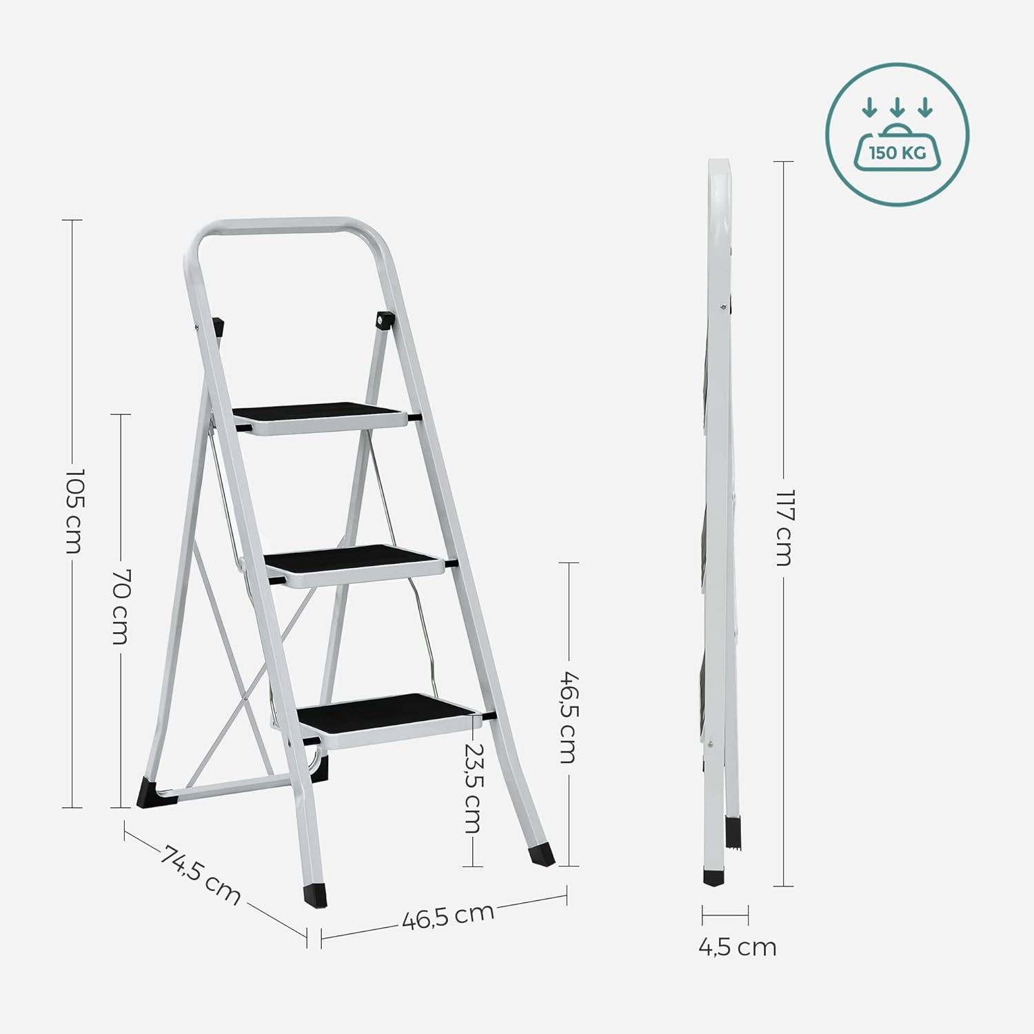 SONGMICS Scara pliabila cu 3 trepte, sarcina 150 kg, otel, 47x75x105 cm, alb si negru