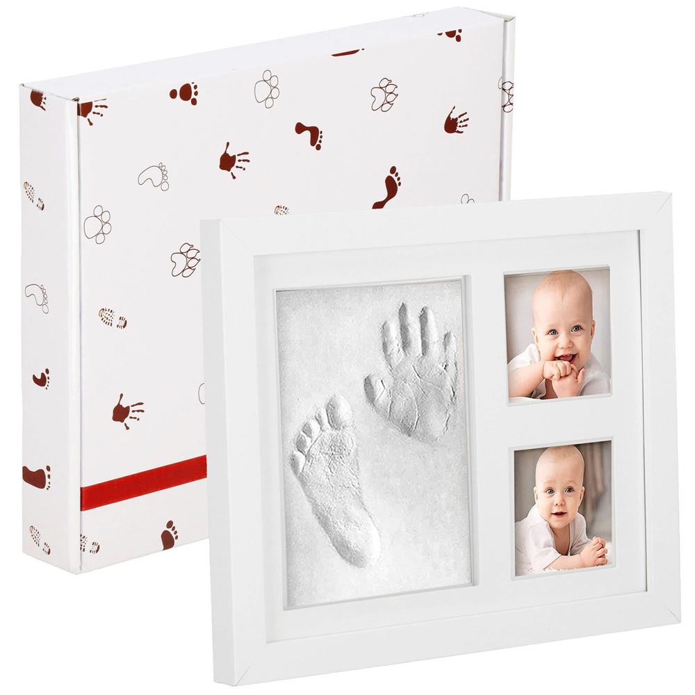 Kit amprenta mulaj manuta sau piciorus bebe si rama foto, 23x28cm, cu cutie de cadou, cadrul alb