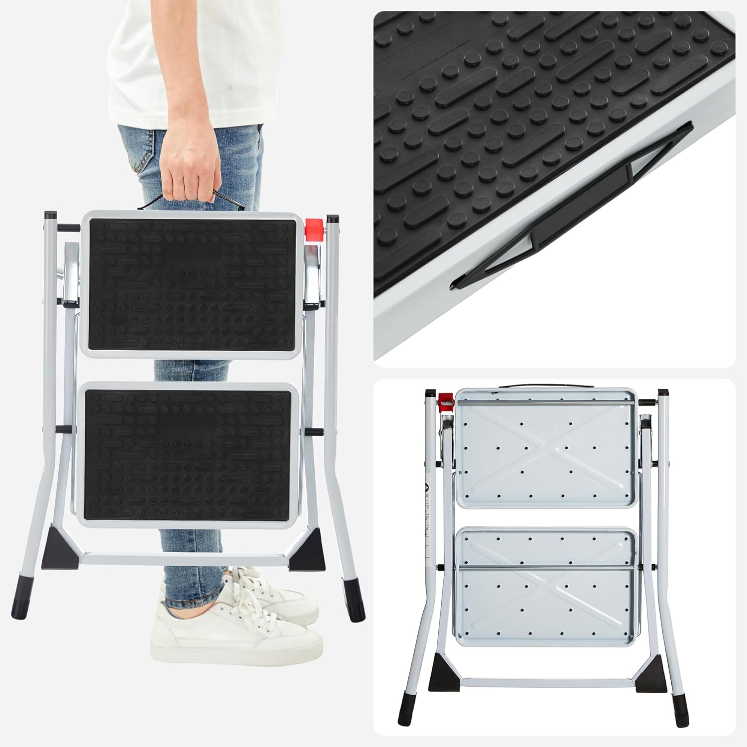 SONGMICS Scara pliabila cu 2 trepte, sarcina 150 kg, otel, 50x60x44 cm, alb si negru